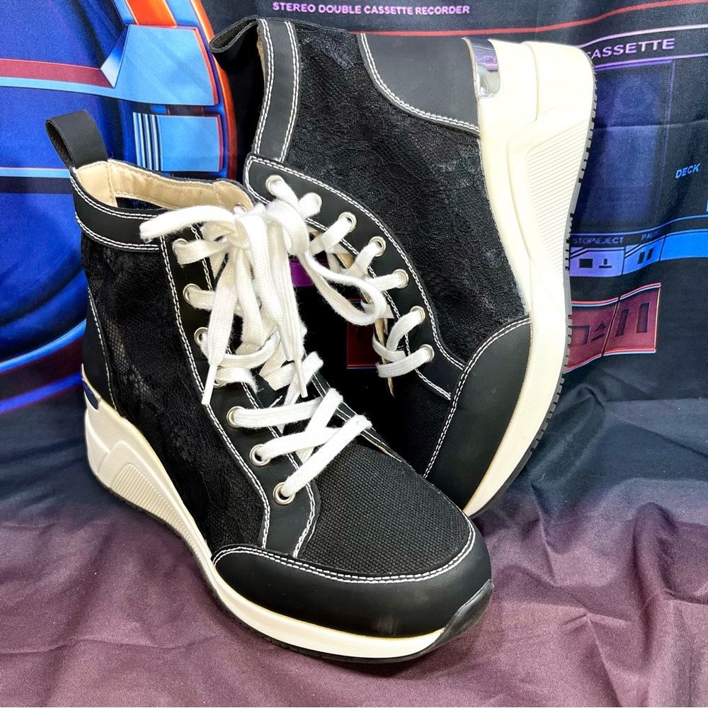 CESTFINI Black High Heel Wedge Stylish Women's Sneakers Size 8.5